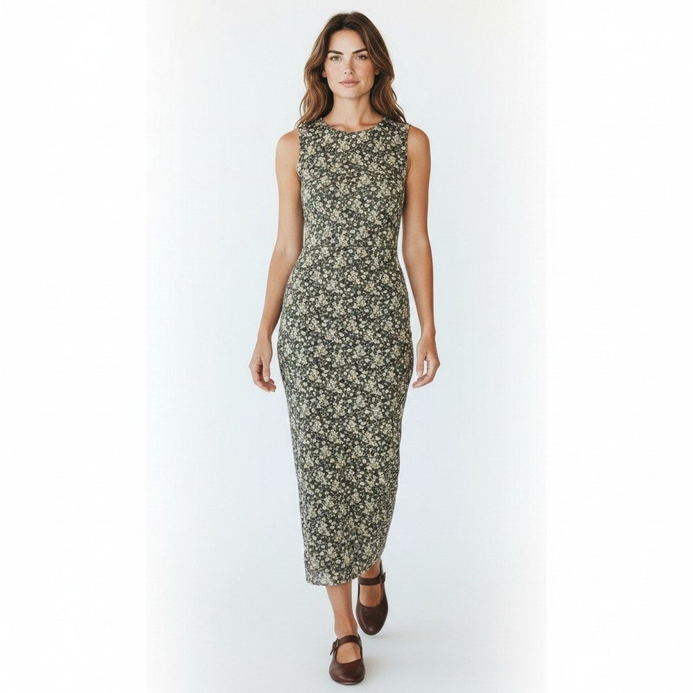 Romantic Floral Mesh Maxi Dress L Olive Fitted Cottagecore 90s Minimalist